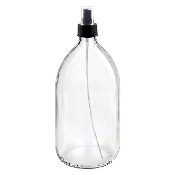 1000ml Medizinflasche klar, Pumpzerstäuber schwarz ApoGlas 1000ml Medizinflasche klar, Pumpzerstäuber schwarz ApoGlas