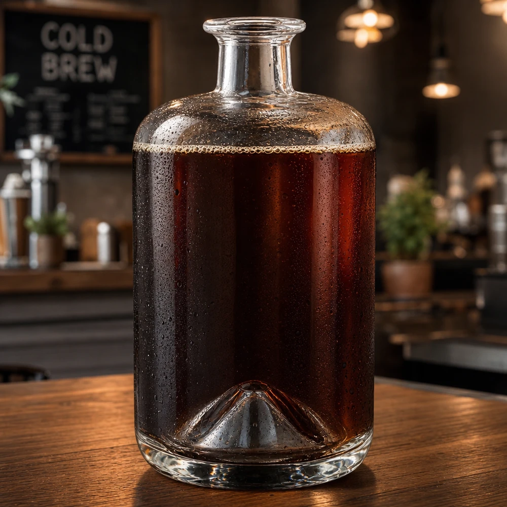 700ml Glasflasche Sofia mit Cold Brew Kaffee befüllt in Café-Atmosphäre zeigt stilvolle Aufbewahrung für Getränke