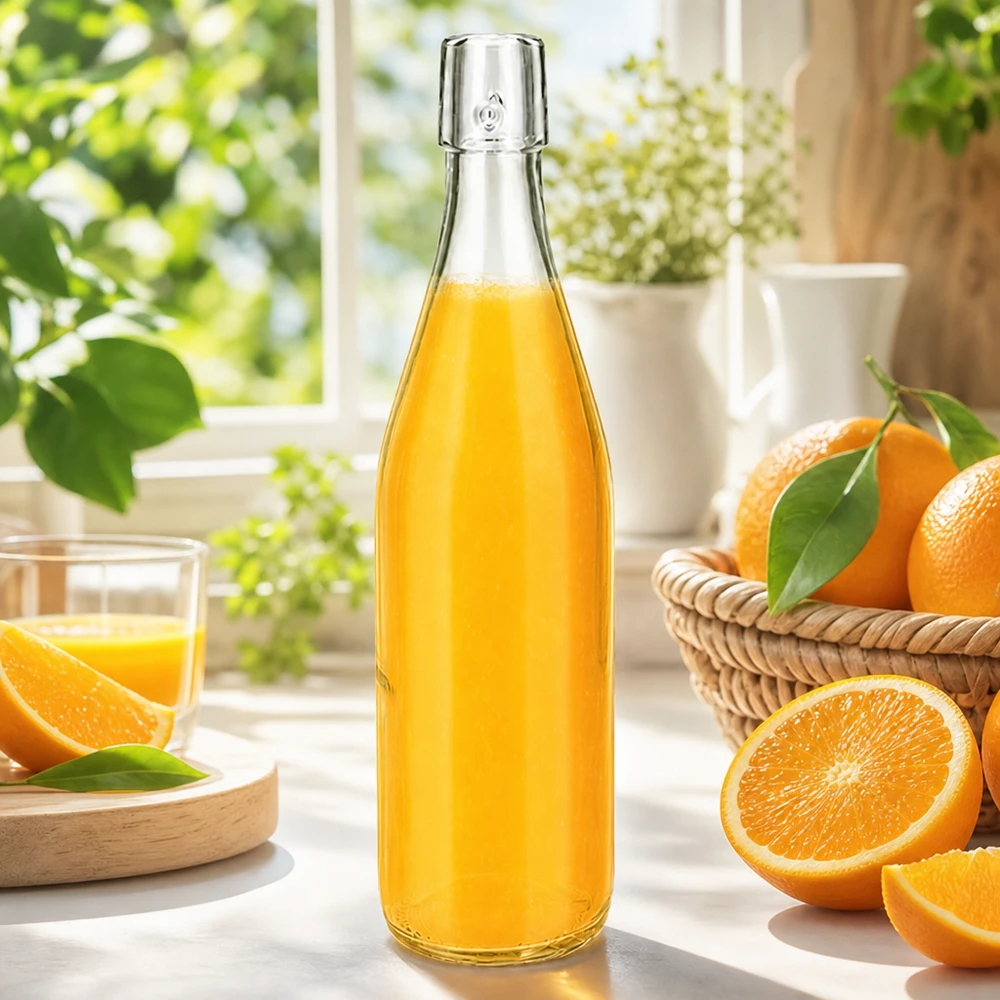 500ml UNiTWIST Glasflasche mit frischem Orangensaft auf sonniger Fensterbank mit Orangen im Korb als Frühstücksszene