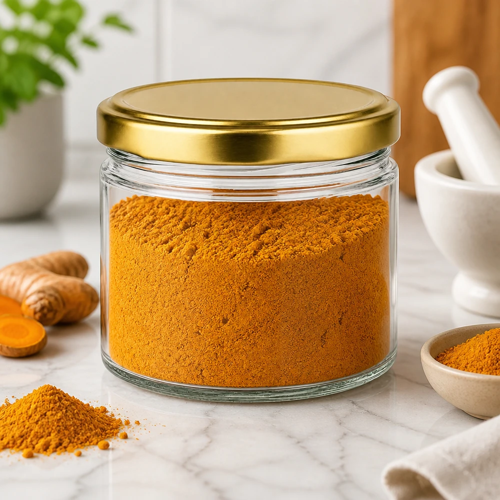 540ml Rundglas mit BasicSeal Deckel gold befüllt mit Kurkuma Pulver auf Marmor Arbeitsplatte Küchen Ambiente