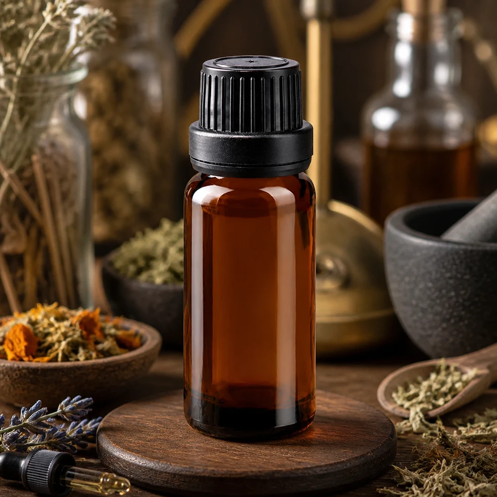 Kleine Apothekerflasche 10ml ApoGlas braun mit 2mm Tropfeinsatz auf Holzuntersetzer