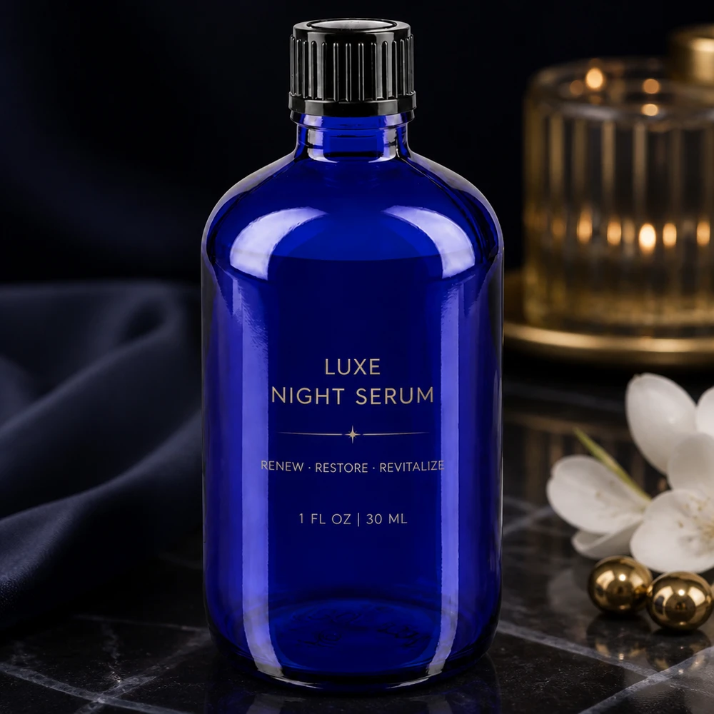 Apothekenflasche blau 100ml Schraubverschluss schwarz Standard Kobaltblaue Apothekerflasche 100ml mit Beschriftung Luxe Night Serum und goldenem Dekor
