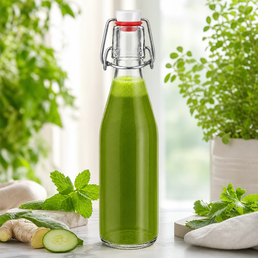 250ml Glasflasche mit Bügelverschluss gefüllt mit grünem Smoothie, Ingwer Gurke Minze Kräuter natürliche Zutaten