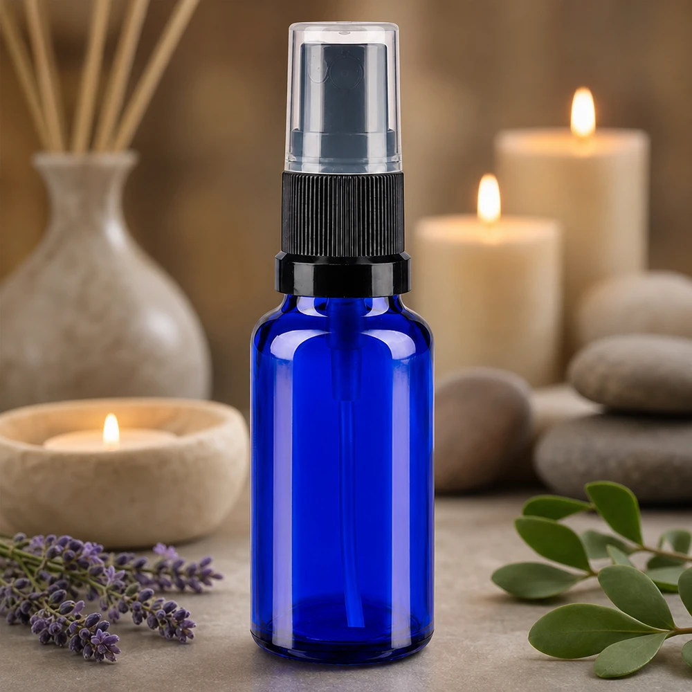 Apothekenflasche blau 20ml Sprayaufsatz schwarz Kleine Sprühflasche 20ml Blauglas mit schwarzem Pumpkopf transparenter Kappe für Raumsprays