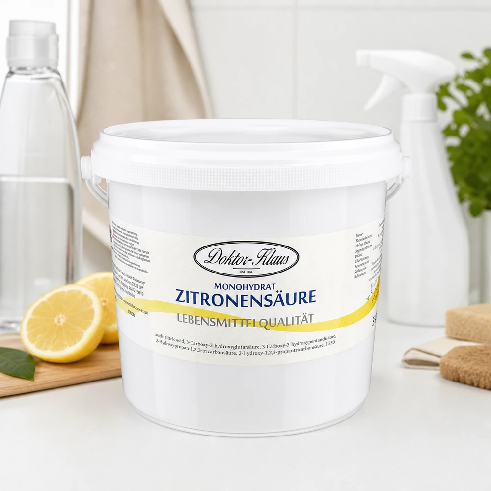 Zitronensäure Doktor-Klaus 5kg mit gelbem Markendesign für professionelle Kalkentfernung