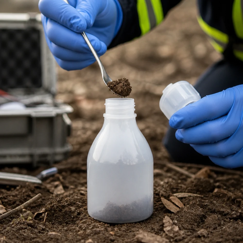Umweltprobe aus Erde wird vor Ort in verschließbare 30ml Laborflasche aus HDPE abgefüllt
