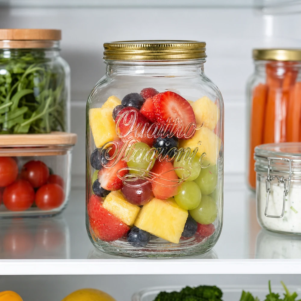 3000ml Quattro Stagioni Rundglas mit frischem Obstsalat im Kühlschrank neben Gemüse und anderen Vorratsgläsern