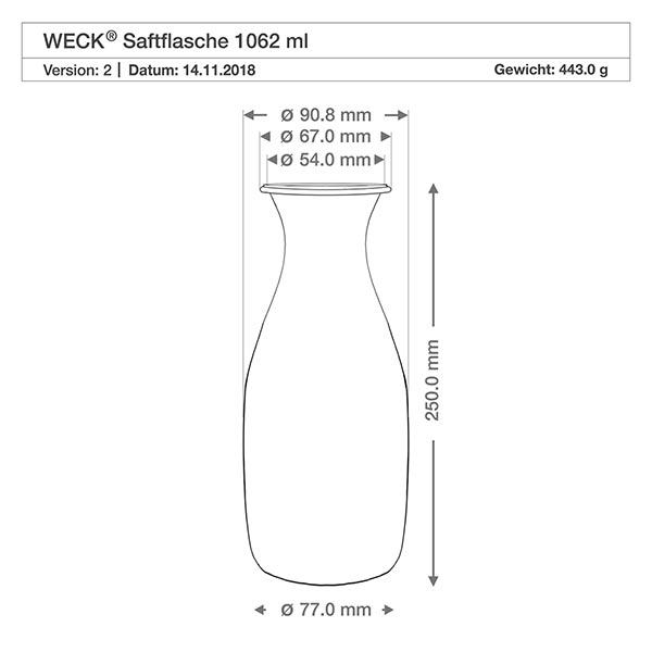1062ml Saftflasche WECK RR60 WECK Saftflasche 1062ml RR60 technische Zeichnung mit Maßangaben Durchmesser Höhe Gewicht Produktspezifikation