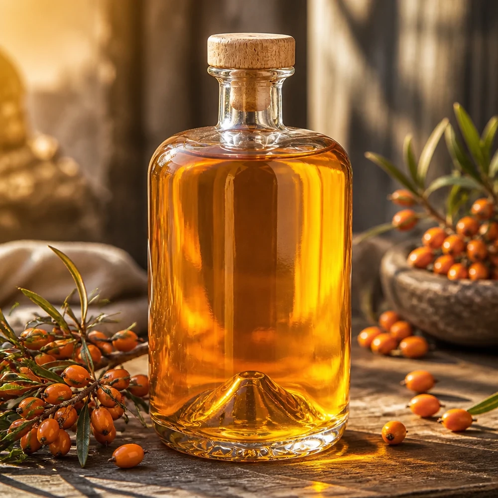 700ml Apothekenflasche "Classic" mit Holzgriffkorken UNiTWIST® 700ml Glasflasche Sofia mit Korkenverschluss gefüllt mit bernsteinfarbenem Öl neben Sanddorn Beeren