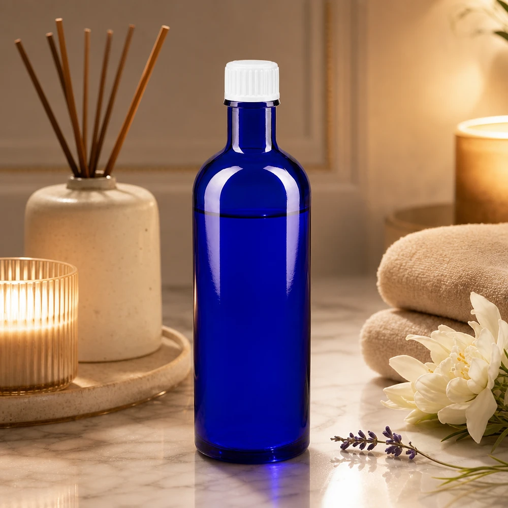 Apothekenflasche blau 200ml Schraubverschluss weiß Standard Zylindrische Apothekerflasche aus kobaltblauem Glas 200ml mit weißem Schraubdeckel