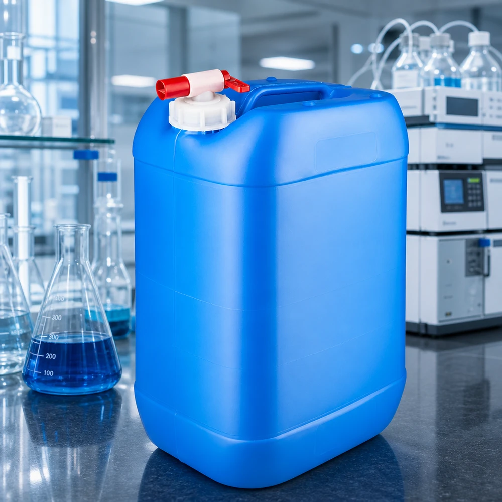 Rechteckiger Industriekanister 25 Liter in Blau mit Entnahmehahn auf Labortisch