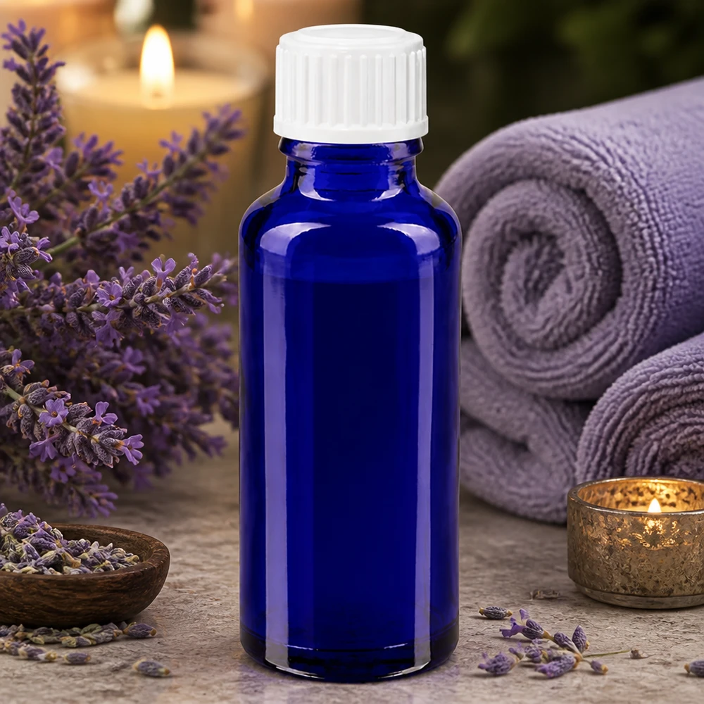 Apothekenflasche blau 30ml Schraubverschluss weiß Globuli Standard Kleine blaue Pharmaflasche 30ml mit Schraubverschluss in entspannender Wellness-Aromatherapie-Umgebung