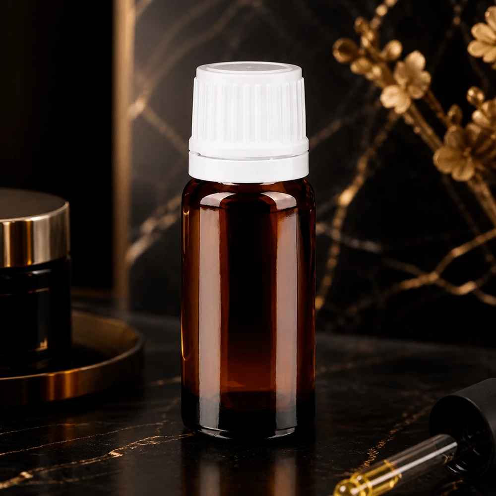 Apothekenflasche braun 10ml Tropfverschluss 1.2mm weiß Originalitätsverschluss Lichtgeschützte Tropfflasche 10ml Apothekerglas mit weißem OV-Verschluss für Pharmazeutika