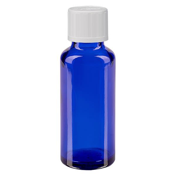 Apothekenflasche blau 30ml Schraubverschluss weiß Kindersicherung Standard Apothekenflasche blau 30ml Schraubverschluss weiß Kindersicherung Standard