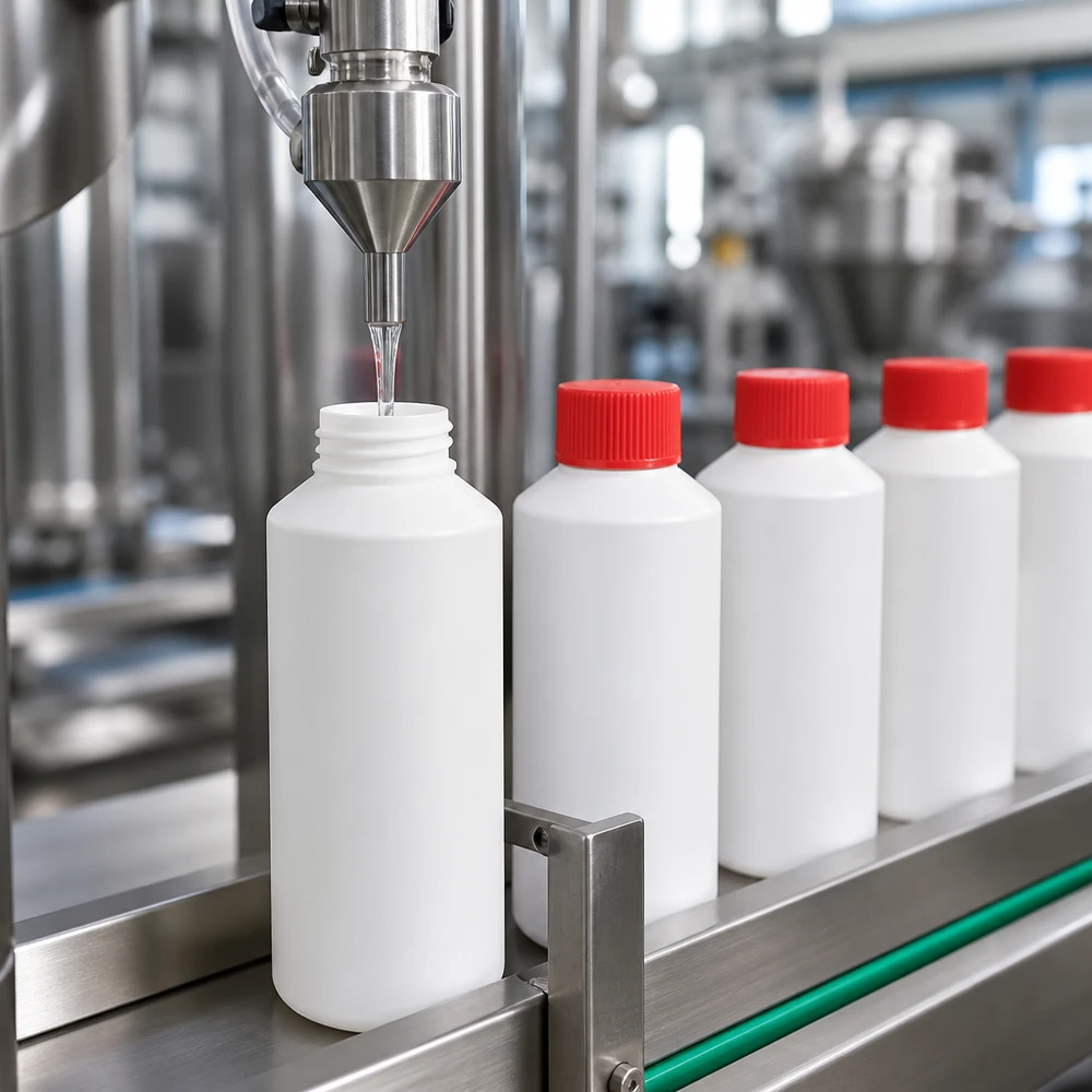 Apothekenflasche HDPE 100ml weiß, mit rotem Schraubverschluss Weiße zylindrische HDPE Apothekenflaschen 100ml mit rotem Verschluss im Abfüllprozess Nahaufnahme