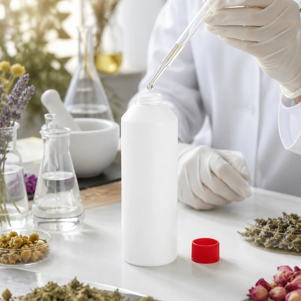 Weiße Rundflasche HDPE 250ml roter Schraubverschluss für ätherische Öle und Naturextrakte