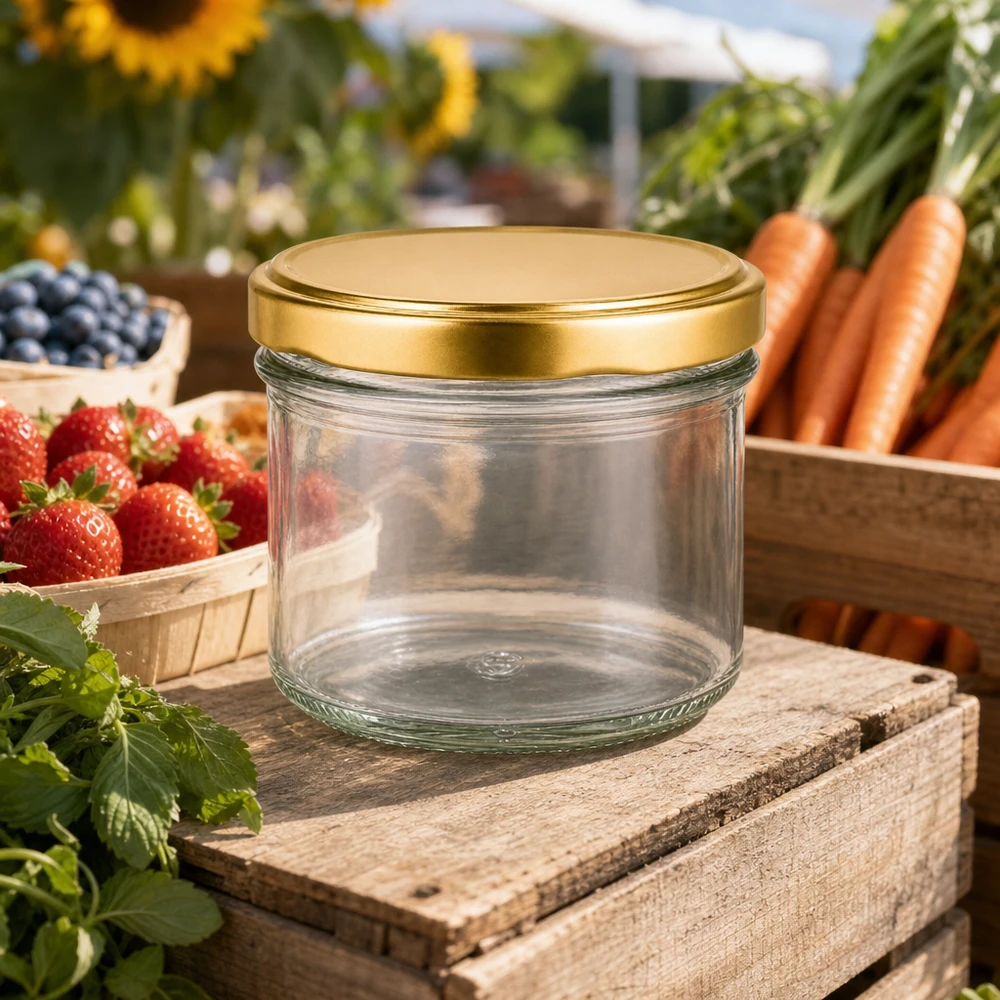 225ml Sturzglas mit BasicSeal Deckel gold UNiTWIST 225ml Sturzglas UNiTWIST BasicSeal gold leer auf Holzkiste zwischen frischen Erdbeeren Karotten und Blaubeeren im Garten