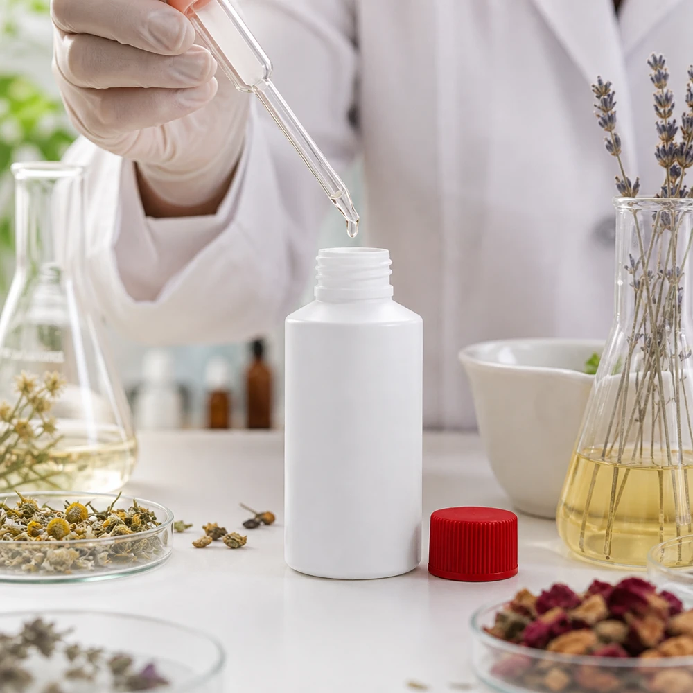 Befüllung einer weißen 50ml HDPE Flasche mit Pipette in der botanischen Pharmazeutik