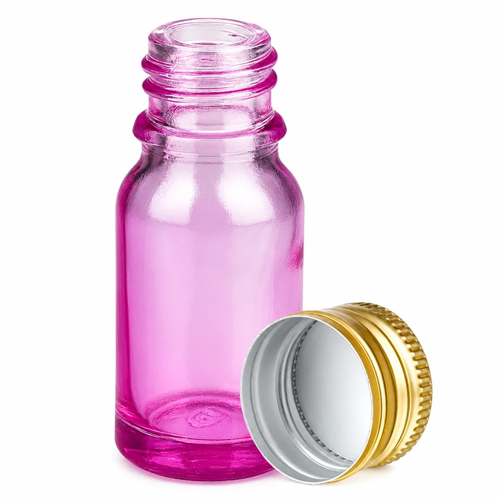 10ml Flasche 11mm Schraubverschluss Alu-Gold Standard PurpleLine. UT18/10 Hochwertige 10ml SV-Flasche lila transparent mit edlem Gold-Aluminium-Verschluss für Flüssigkeiten