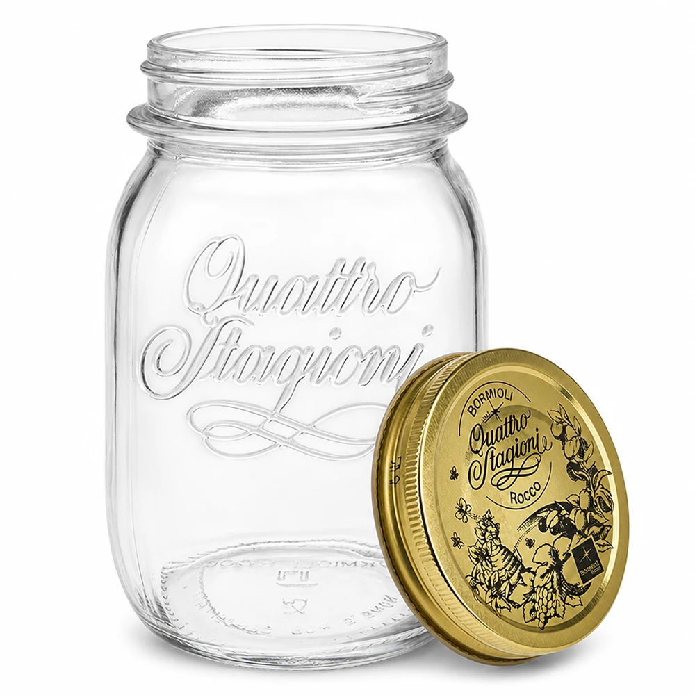 500ml Rundglas "Quattro Stagioni" mit Deckel Bormioli Rocco Quattro Stagioni 500ml Einmachglas geöffnet mit abnehmbarem Golddeckel Vorratsglas für Küche