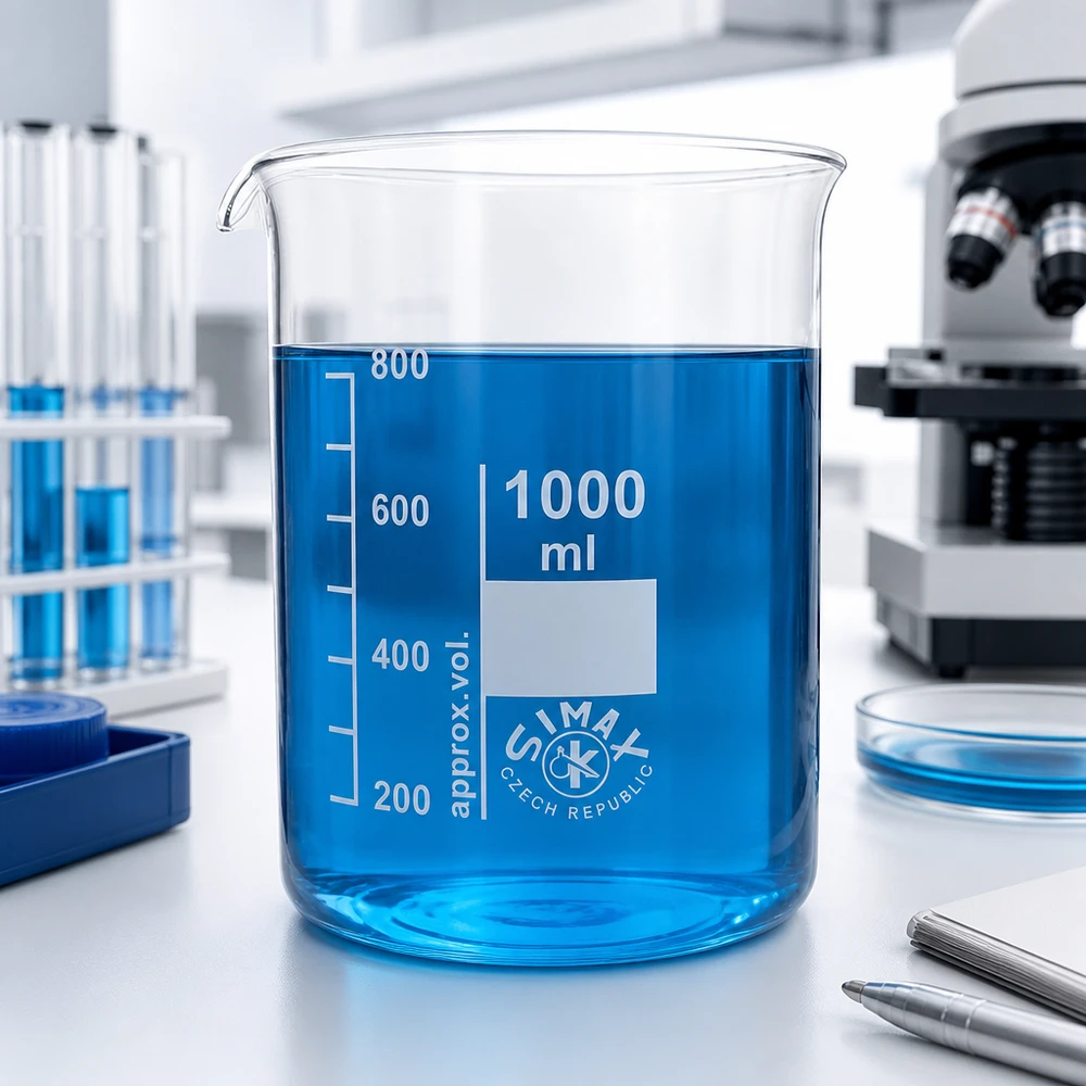 Glasbecher 1000ml transparent mit blauer Flüssigkeit zur Demonstration von Volumenbestimmung