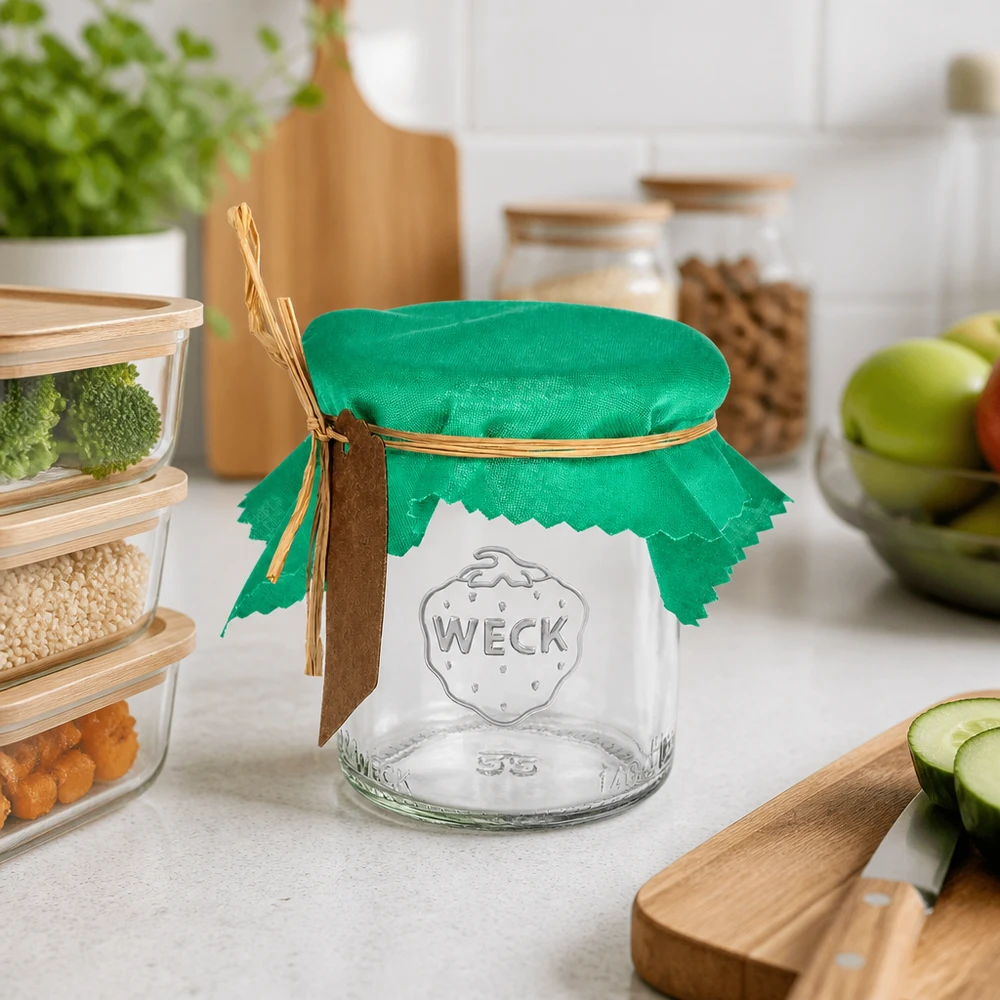 Stoff Schmuckdeckchen grün 12cm eckig Grünes Schmuckdeckchen 12cm eckig mit Kordel und Anhänger auf Weckglas in moderner Küche - stilvolle Aufbewahrung