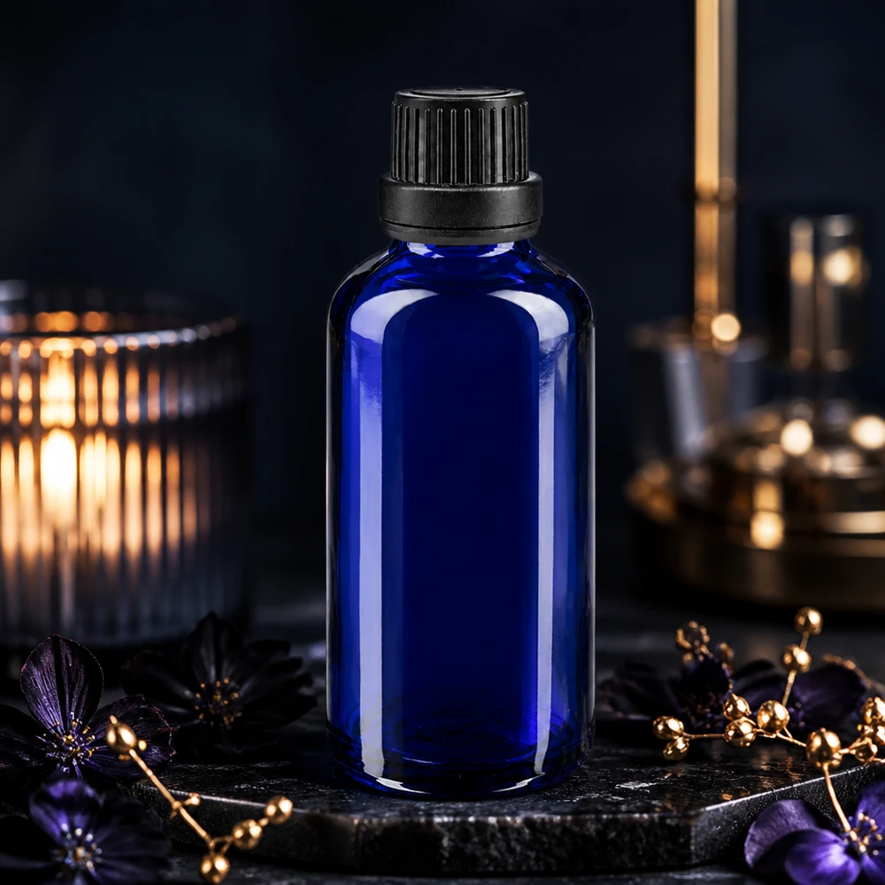 50ml Kobaltblaue Tropfflasche OV schwarz vor elegantem Kerzenlicht-Ambiente mit Goldakzenten