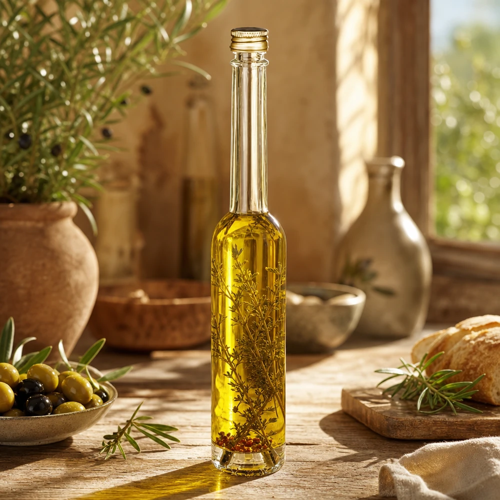 100ml Glasflasche "Toni" mit Schraubverschluss gold UNiTWIST 100ml Glasflasche Toni mit Kräuteröl befüllt - UNiTWIST Goldverschluss in mediterraner Küche mit Oliven und Brot