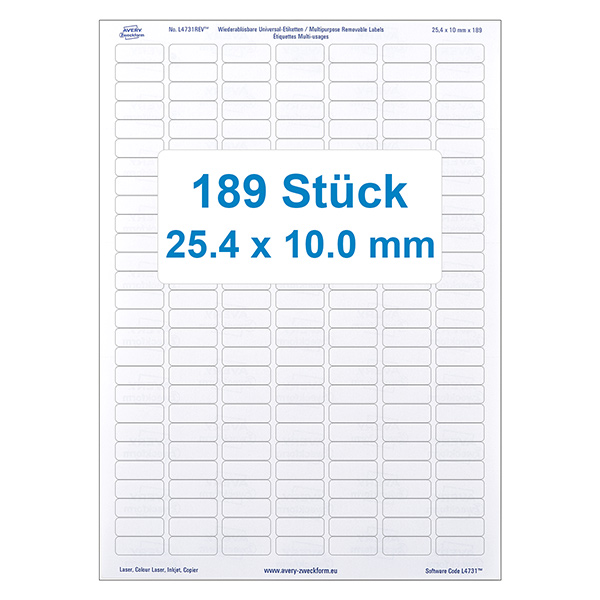 189er Pack Etiketten 25x10mm (auf DIN A4 Bogen)