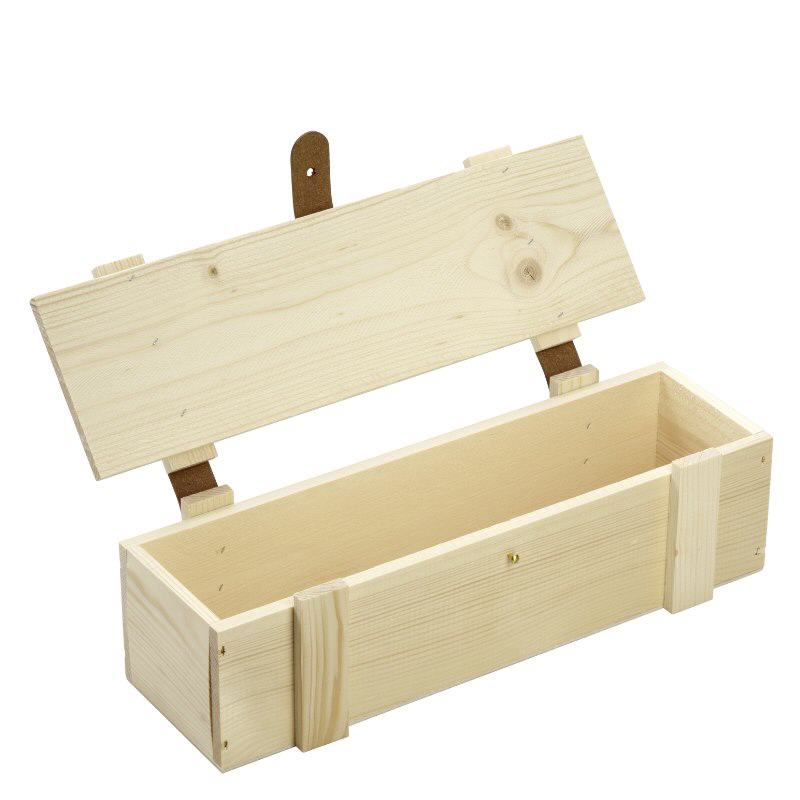 Holzbox mit Klappdeckel u Lederbeschlägen 34x9x9cm Holzbox mit Klappdeckel u Lederbeschlägen 34x9x9cm