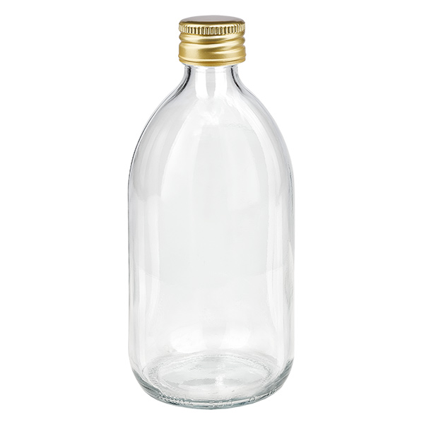 500ml Medizinflasche klar, mit Alu-Verschluss gold ApoGlas 500ml Medizinflasche klar, mit Alu-Verschluss gold ApoGlas