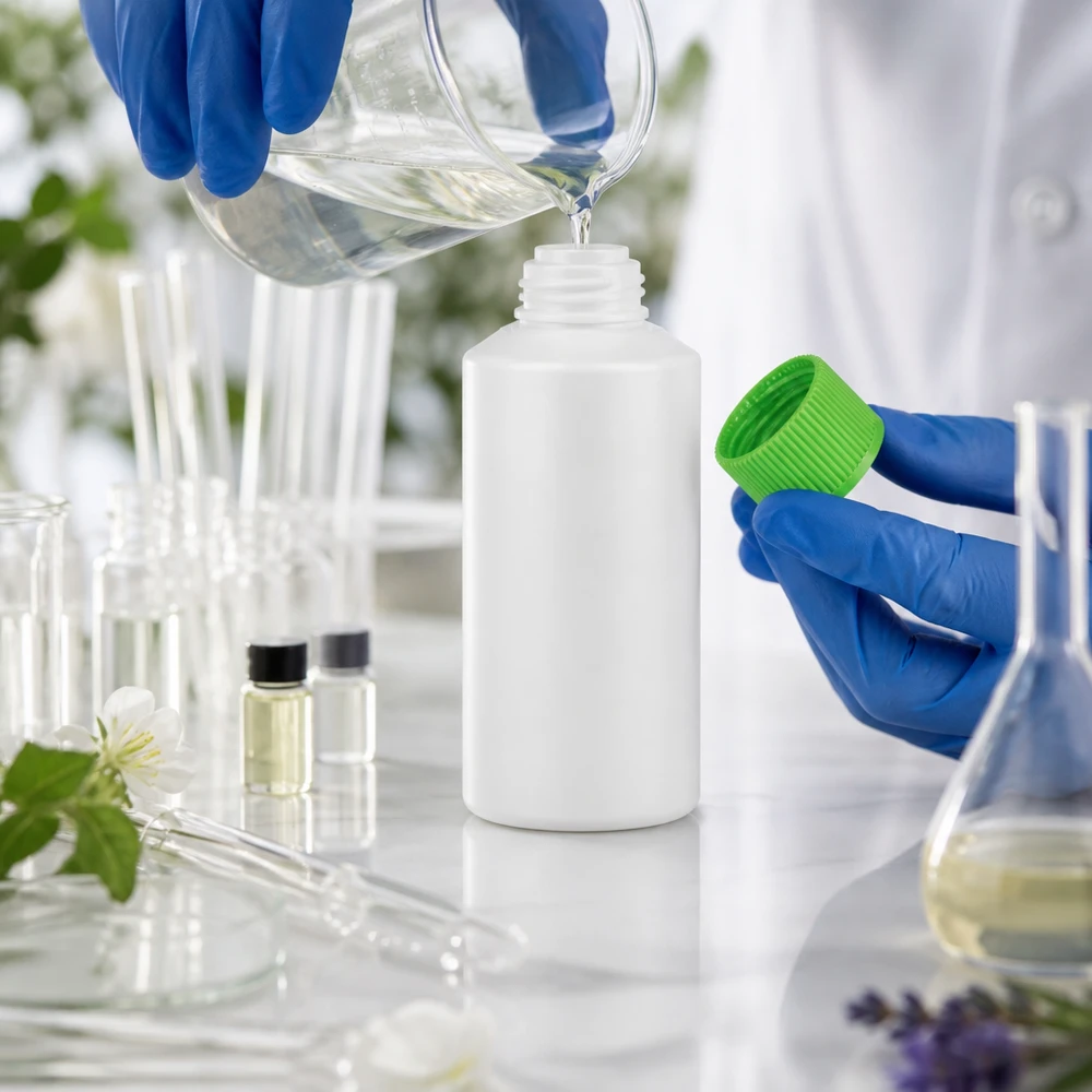 Lebensmittelechte HDPE Rundflasche 30ml weiß mit grünem Drehverschluss für Pflanzenauszüge