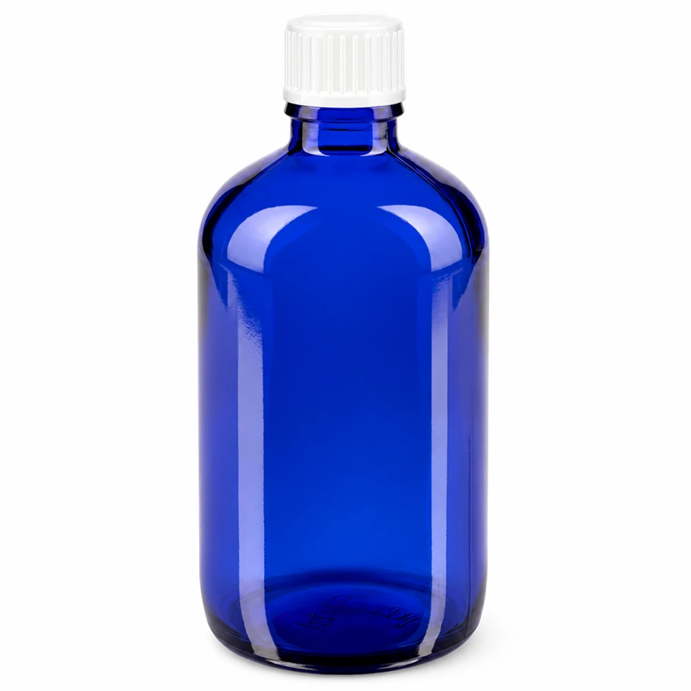 Apothekenflasche blau 100ml Schraubverschluss weiß Globuli Standard Kobaltblaue Glasflasche 100ml mit kindersicherem weißen Verschluss für Apotheken
