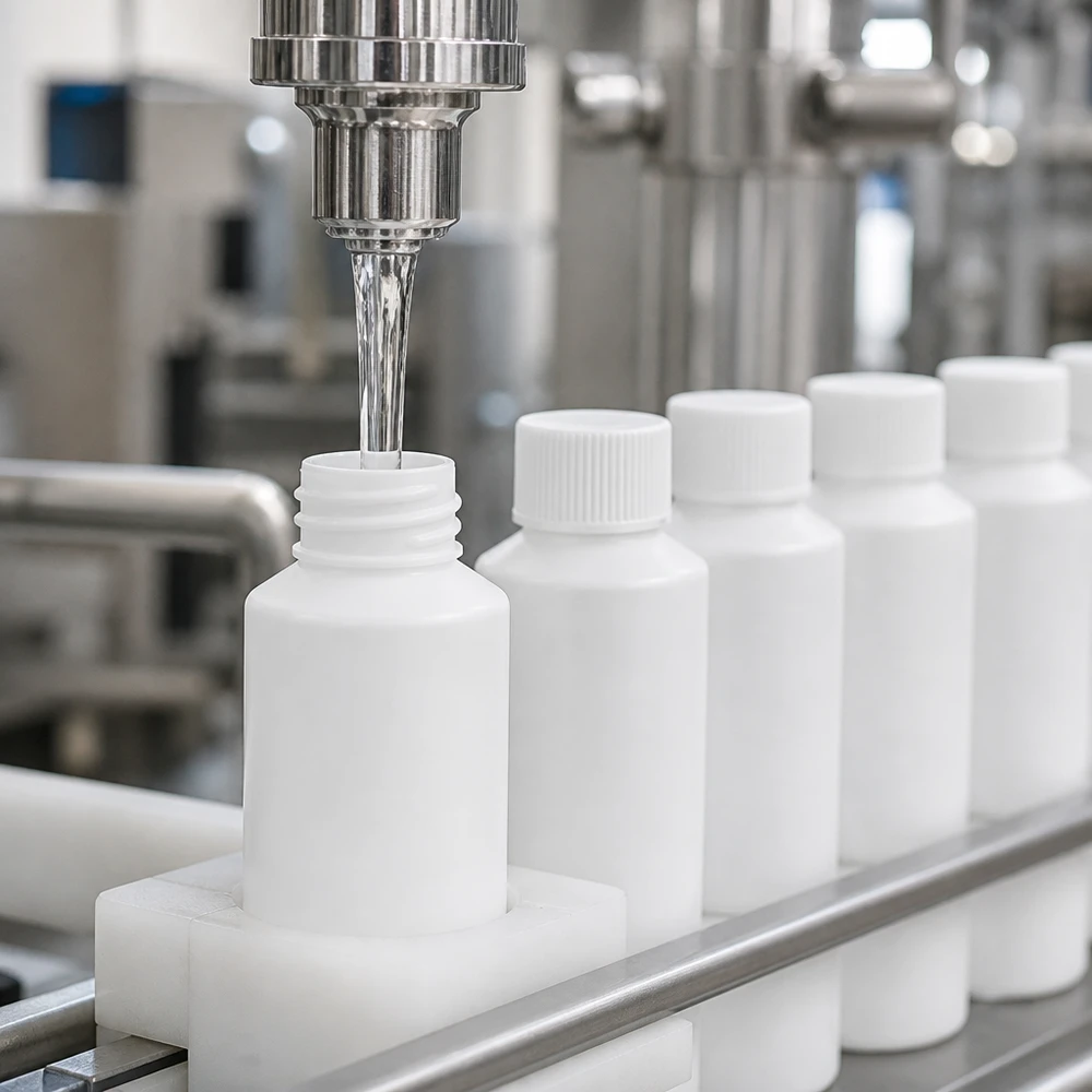 Industrielle Abfüllung medizinischer Flüssigkeiten in weiße HDPE Apothekenflasche 50ml