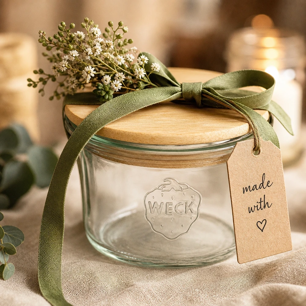 WECK Mini Sturzglas 35ml mit Holzdeckel als Geschenkidee mit grüner Schleife Blumen und Made with Love Anhänger