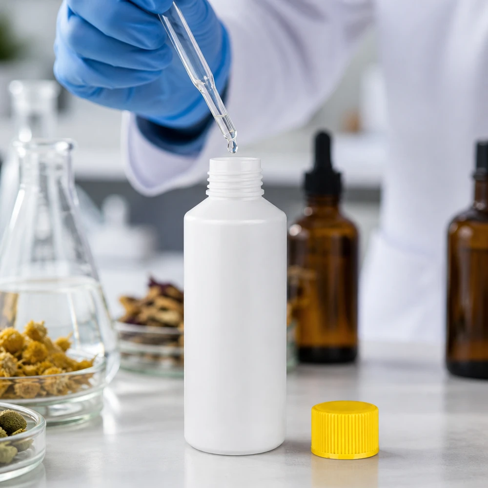Laborant befüllt weiße 100ml HDPE Apothekerflasche mit Pipette und gelbem Deckel