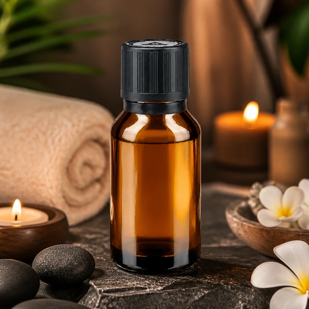 Apothekenflasche braun 15ml Tropfer Giessring 1mm schwarz Kindersicherung Blindenwarnsymbol Originalitätsverschluss Kleine Ölflasche 15ml aus Bernsteinglas mit Tropfvorrichtung im Spa Ambiente mit Frangipani