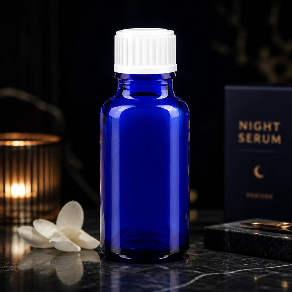 Apothekenflasche blau 20ml Schraubverschluss weiß Standard Apothekerflasche 20ml Blauglas mit kindersicherem Weißverschluss für Nachtpflege und Kosmetikprodukte