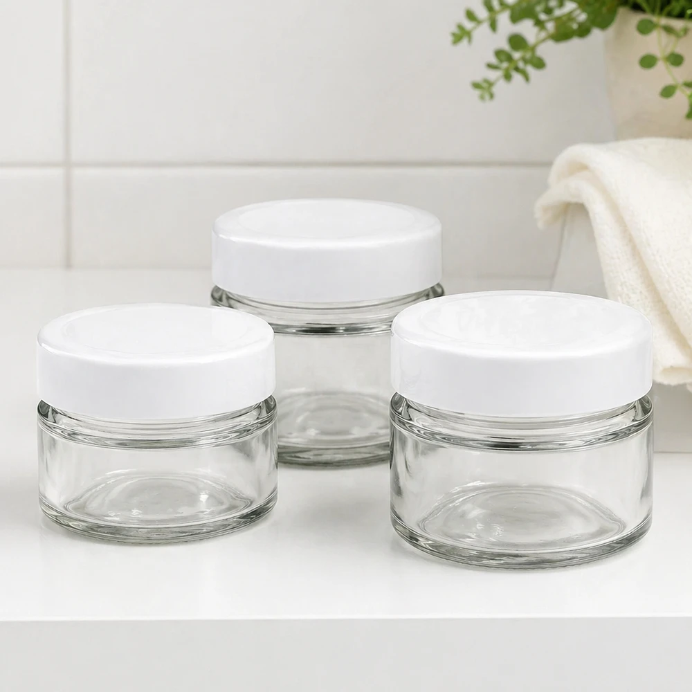 80ml Rundglas Set mit BasicSeal Deckel im Badezimmer - elegante Glasdosen für Kosmetik und Badutensilien