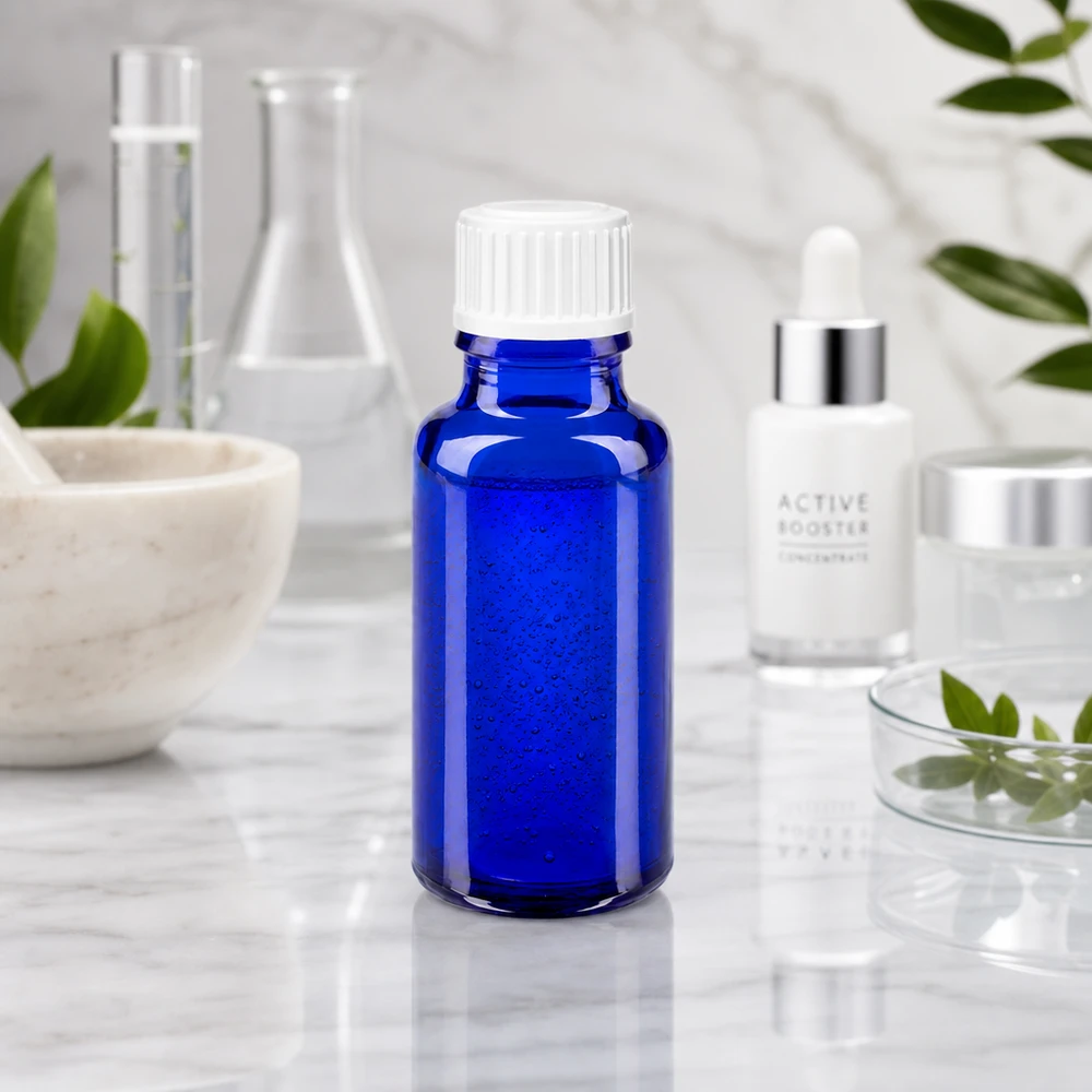 Apothekenflasche blau 20ml Schraubverschluss weiß Globuli Standard UV-Schutz Glasflasche 20ml in Kobaltblau mit graduiertem weißem Kunststoffverschluss