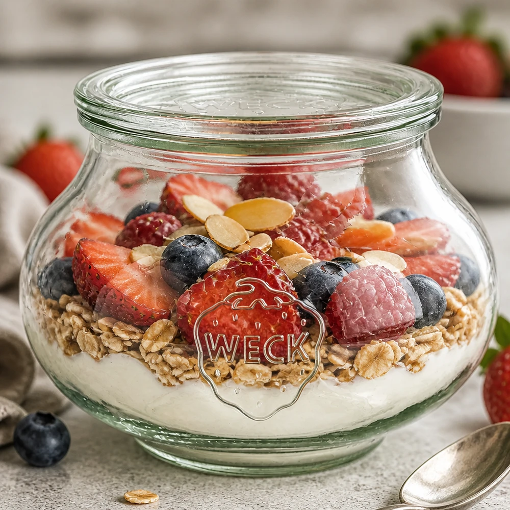 WECK Schmuckglas 1062ml mit Müsli Joghurt Beeren und Nüssen als gesunde Frühstücksidee in moderner Küche