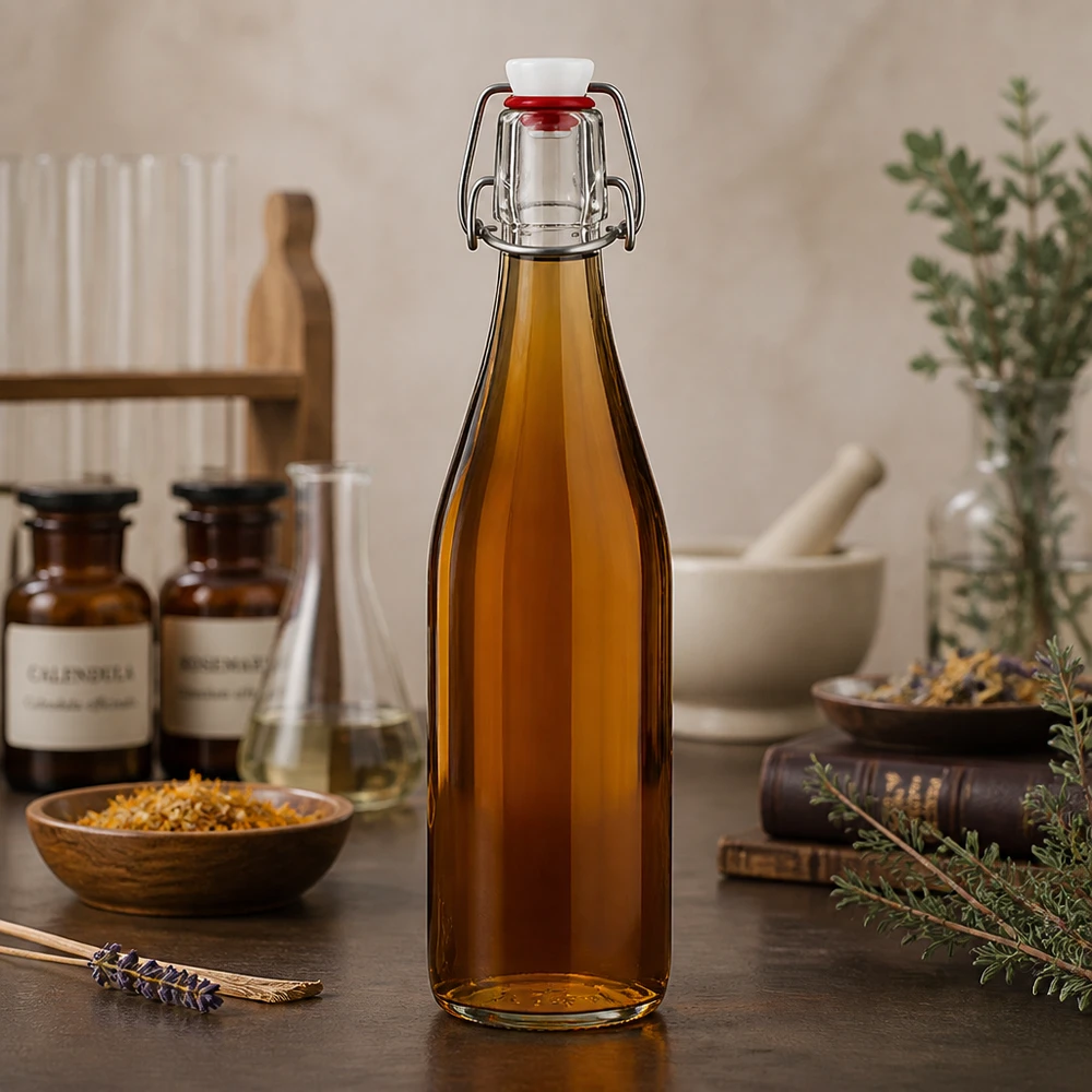 500ml Glasflasche Bügelverschluss braun mit Kräutertinktur Apotheker-Atmosphäre Naturheilkunde Aufbewahrung