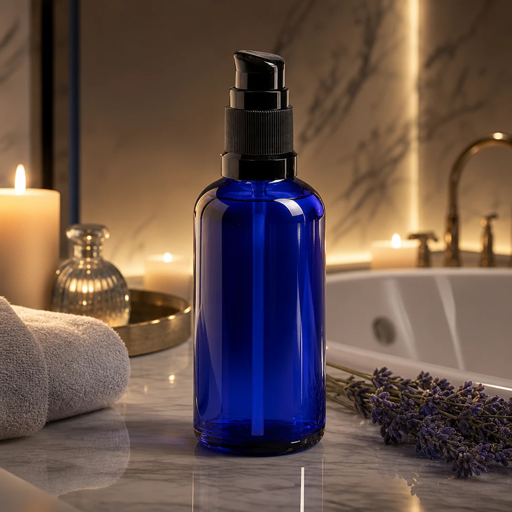 Apothekenflasche blau 50ml PumpVerschluss schwarz Standard Hochwertige kobaltblaue 50ml Flasche mit Dosierpumpe aus UV-Schutzglas