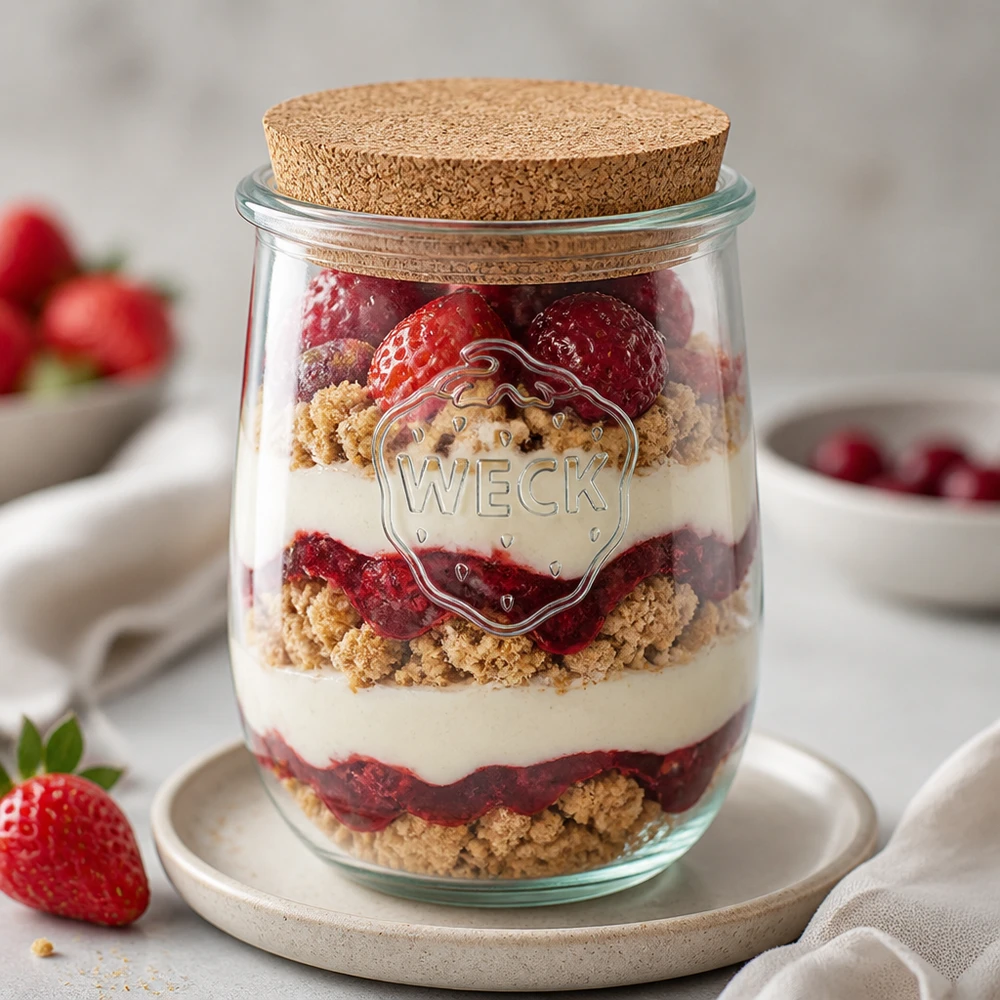 1062ml Tulpenglas WECK RR100 mit Korken natur WECK Tulpenglas RR100 1062ml als Schichtdessert-Glas mit Erdbeeren Sahne und Kekskrümeln dekorativ arrangiert