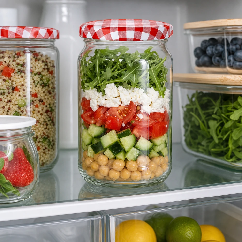 1062ml Rundglas + BasicSeal Deckel rot/weiß UNiTWIST 1062ml Rundglas mit rot-weiß kariertem Deckel als Meal Prep Salatbox im Kühlschrank neben anderen Vorratsgläsern