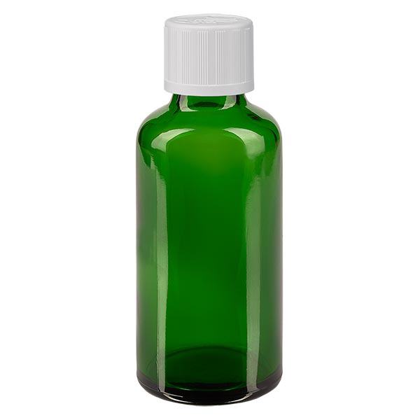 Apothekenflasche grün 50ml Schraubverschluss weiß Kindersicherung Standard Apothekenflasche grün 50ml Schraubverschluss weiß Kindersicherung Standard