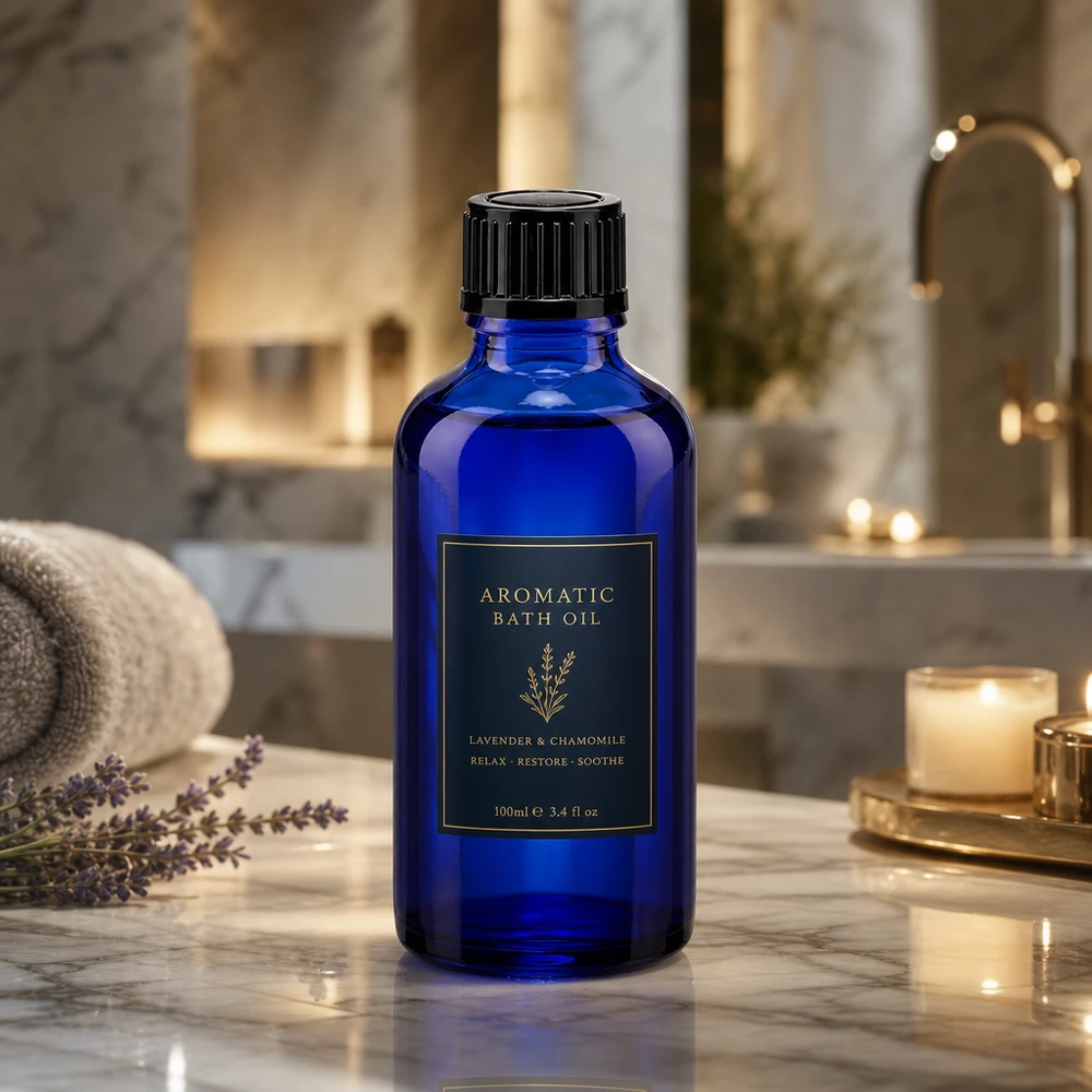 Apothekenflasche blau 50ml Schraubverschluss schwarz Standard Kobaltblaue 50ml Flasche aus Glas mit schwarzem Schraubdeckel in elegantem Badezimmer