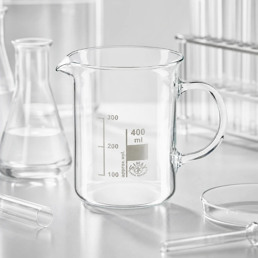 Becherglas 400ml Borosilikatglas, mit Henkel Becherglas 400ml Borosilikatglas Henkel neben Erlenmeyerkolben und Reagenzgläsern