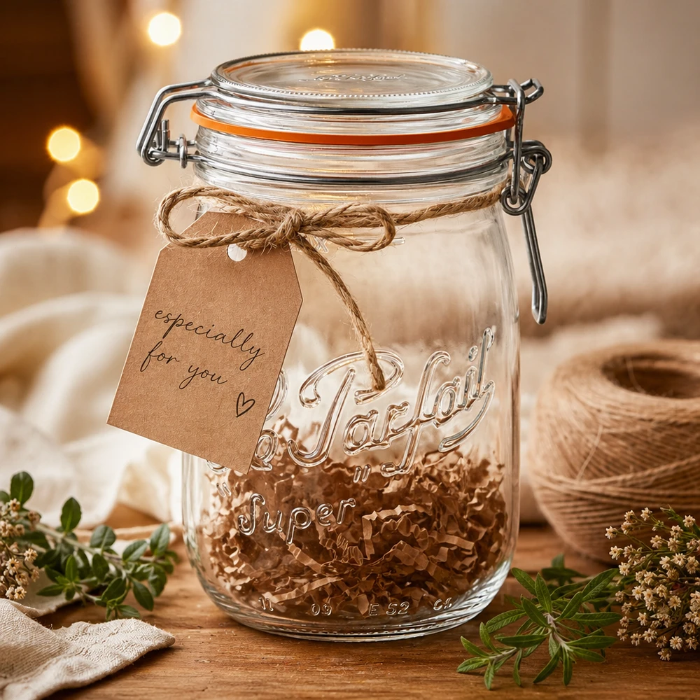 Le Parfait Vorratsglas 1000ml mit Bügelverschluss und Super-Prägung, dekoriert mit Geschenkanhänger auf Holztisch