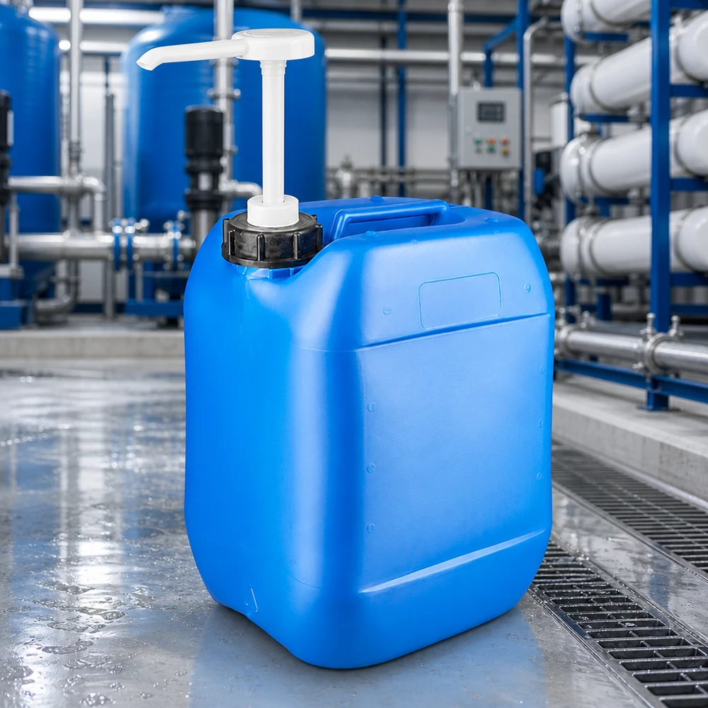 Tragbarer 10 Liter Flüssigkeitskanister mit weißer Pumpvorrichtung in Industrieumgebung